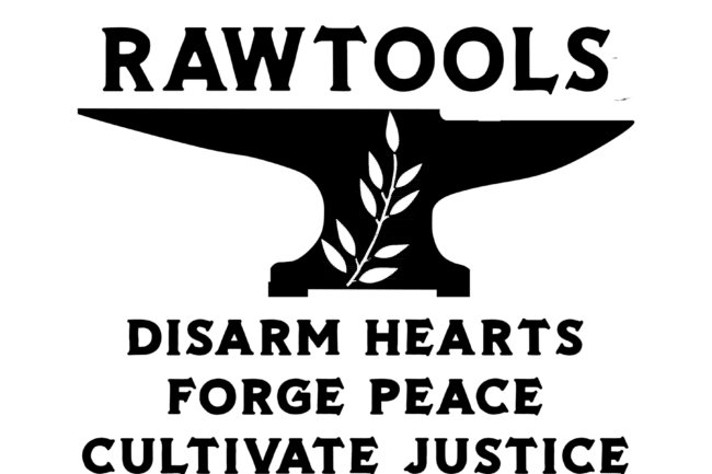 Anvil with the branch and the phrases "Disarm Hearts," "Forge Peace," and Cultivate Justice."